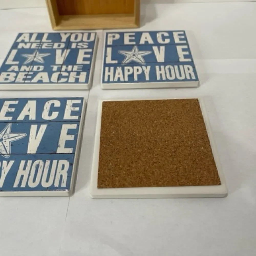 Chesapeake Bay Ltd. Beach Ocean Sea Blue Coasters Wooden Holder Set New New in B